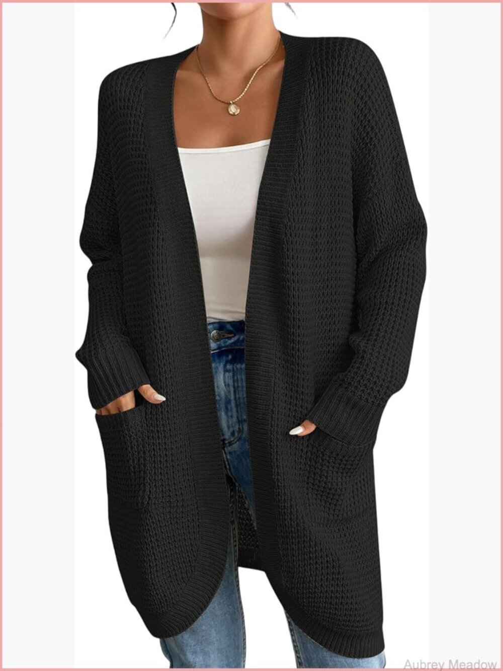 Open Front Crochet Cardigan Sweater with Pockets Loose Fit